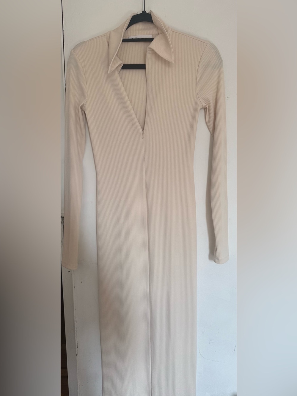 ELODIE Long Ribbed Cream Collared Maxi Dress - SIZE S